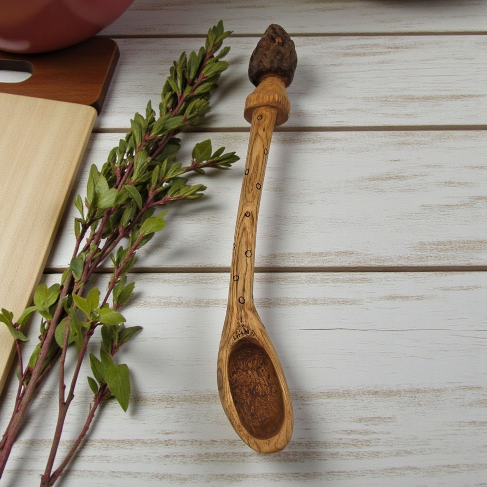 Vintage Handcrafted Carved Wooden Morel Mushroom Spoon Artisan Made